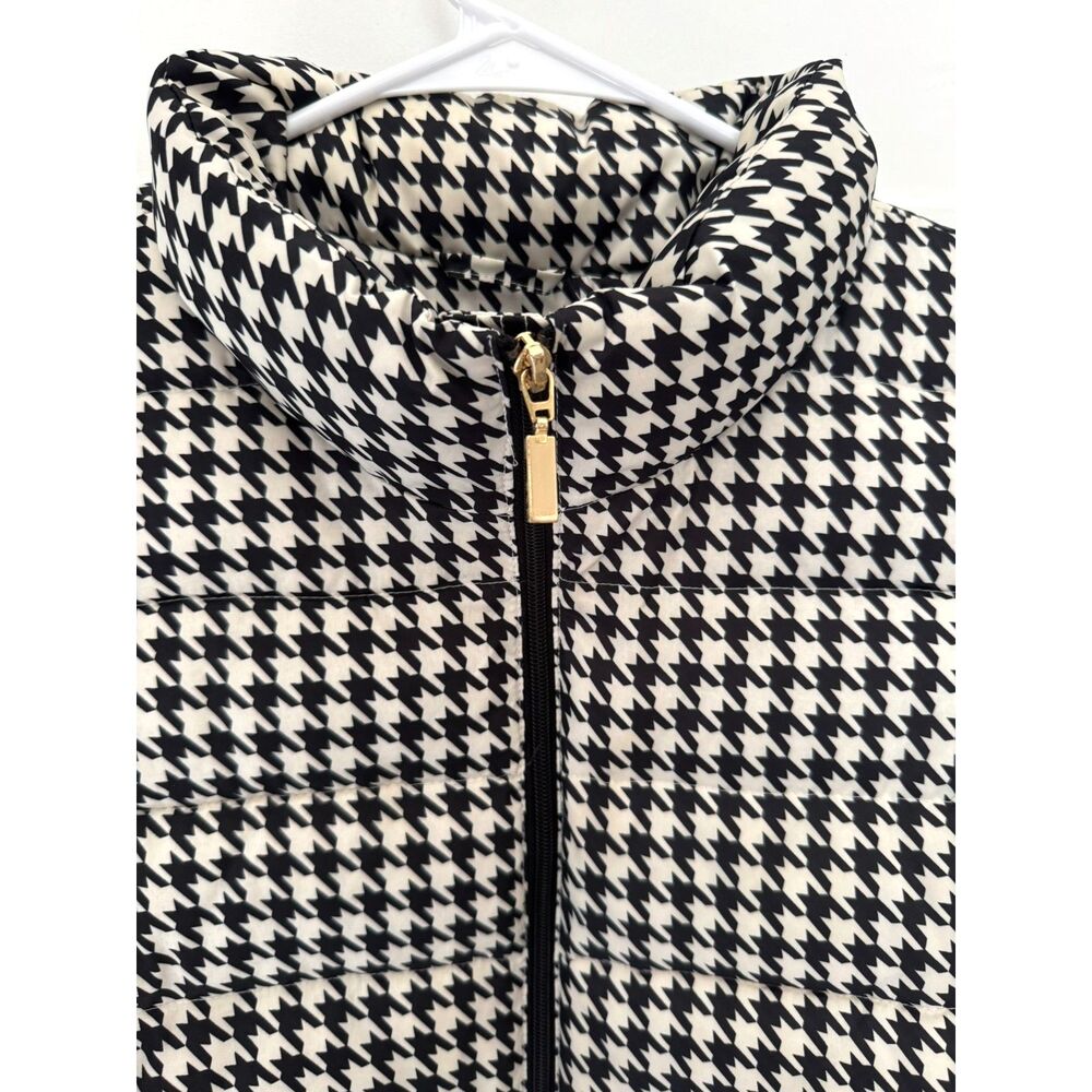 Charter Club Womens XL Houndstooth Puffer Vest Black Cream Quilted Full Zip Warm